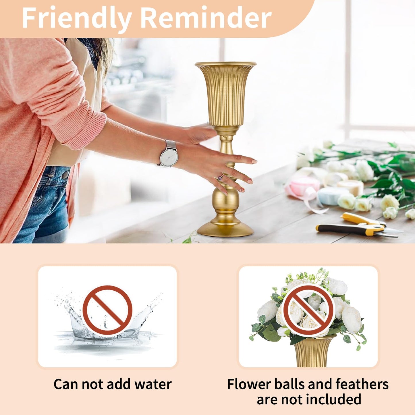 Nuptio 10 Piece Blooming Metal Trumpet Vase Elegant Vase with Centerpieces for Wedding Celebrations, 31.9cm High, Artificial Flower Arrangements for The Anniversary Party Gold
