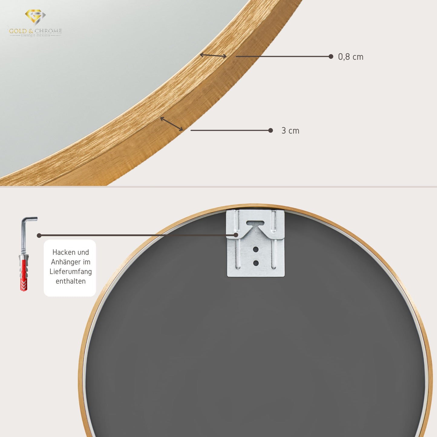 GOLD & CHROME UNIQUE DESIGN Golden wall mirror 50 x 50 cm - Modern, round bathroom mirror made of aluminum, large mirror, round mirror, wall mirror full-length mirror for home