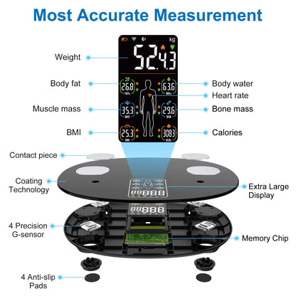 INSMART smart body fat scale digital scale with APP, Bluetooth scale for heart rate, body fat, BMI, weight, muscle mass, water, protein, skeletal muscle, BMR, etc. (18 data points)