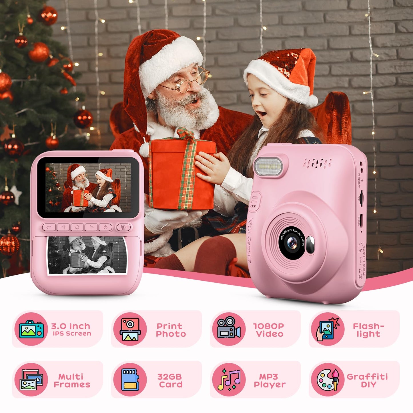 GREENKINDER Instant Camera for Kids, 14MP 3.0 Inch Screen Kids Camera Instant Camera with 32G Card, Printing Paper & Colored Pens, 1080P Kids Camera Instant Print, 3-12 Years