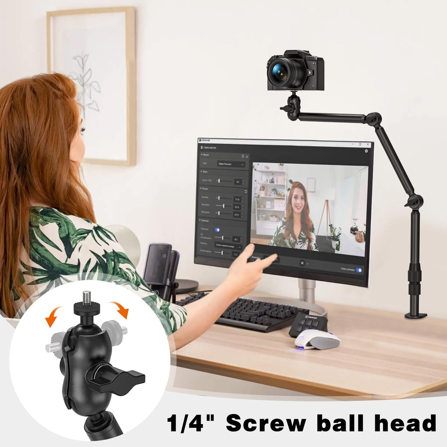 Rodison webcam stand holder, 78.4 cm desk camera mount with 1/4'' screws for DSLR cameras, ring light, projector, Logitech webcam, handycam, GoPro Hero 8 7 6 5.