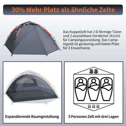 Cflity Camping Tent, 3 Person Instant Pop Up Waterproof Three Layer Automatic Dome Tent, Large 4 Season Tent with Rain-Fly 2 Expandable Porch