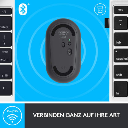 Logitech M350 Pebble Wireless Mouse, Bluetooth and 2.4 GHz connection via Nano USB receiver, 18-month battery life, 3 buttons, silent clicking and scrolling, for PC/Mac/iPadOS - Graphite