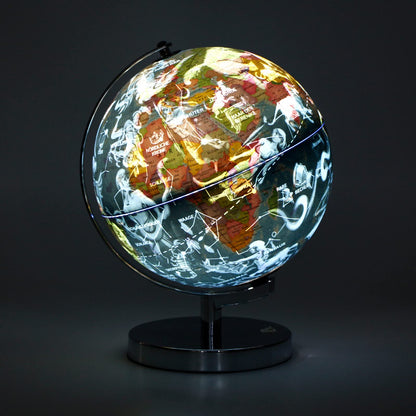 23cm illuminated globe with metal base - German map - student globe with cable-free LED lighting - political map (daytime) - constellation of stars (night)