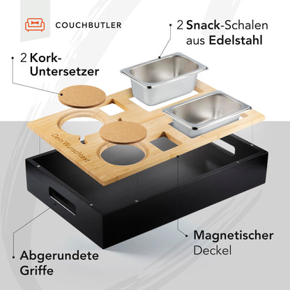 NewHabitat | Couchbar - Personalized snack box made of bamboo with engraving | Sofa tray with 2 snack bowls, 2 drink holders with coasters, magnetic lid, phone holder, includes gift box.