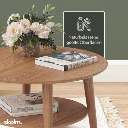 Skølm Mjölnir coffee table round - living room table wood - high-quality side table for living room - coffee table made of solid oak wood, dark oiled natural - sofa table with shelf - coffee table Ø70 cm.