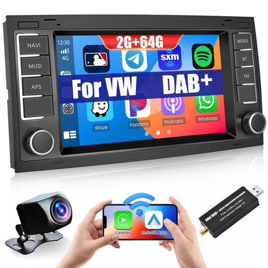Hikity DAB/DAB+ Android 13 Car Radio for VW Touareg 2004-2011 Transporter T5 Multivan 2004-2009 with Wireless Carplay Android Auto 7-Inch Screen Radio with GPS WiFi FM RDS HI-FI Rearview Camera