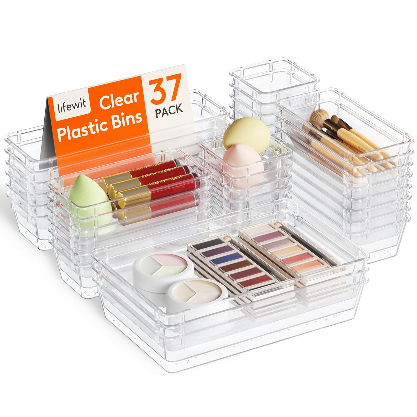 Lifewit 37-Piece Clear Plastic Drawer Organizer, Desk Drawer Dividers, Trays, Dresser Storage Bins Separator Box for Makeup, Jewelry, and Gadgets, Bedroom, Bathroom, Office.