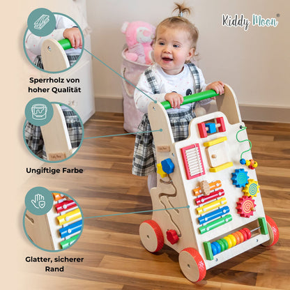 KiddyMoon wooden baby walker for kids, walking aid fun for babies, learning to walk, multifunctional wooden toy for toddlers Montessori toy WK-001, black - white.