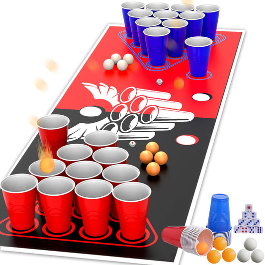 Faburo table tennis balls cup set, 180x60cm table mat set with 30 cups+8 table tennis balls+10 dice+table mat, party cup table mat game for party Christmas, red table mat