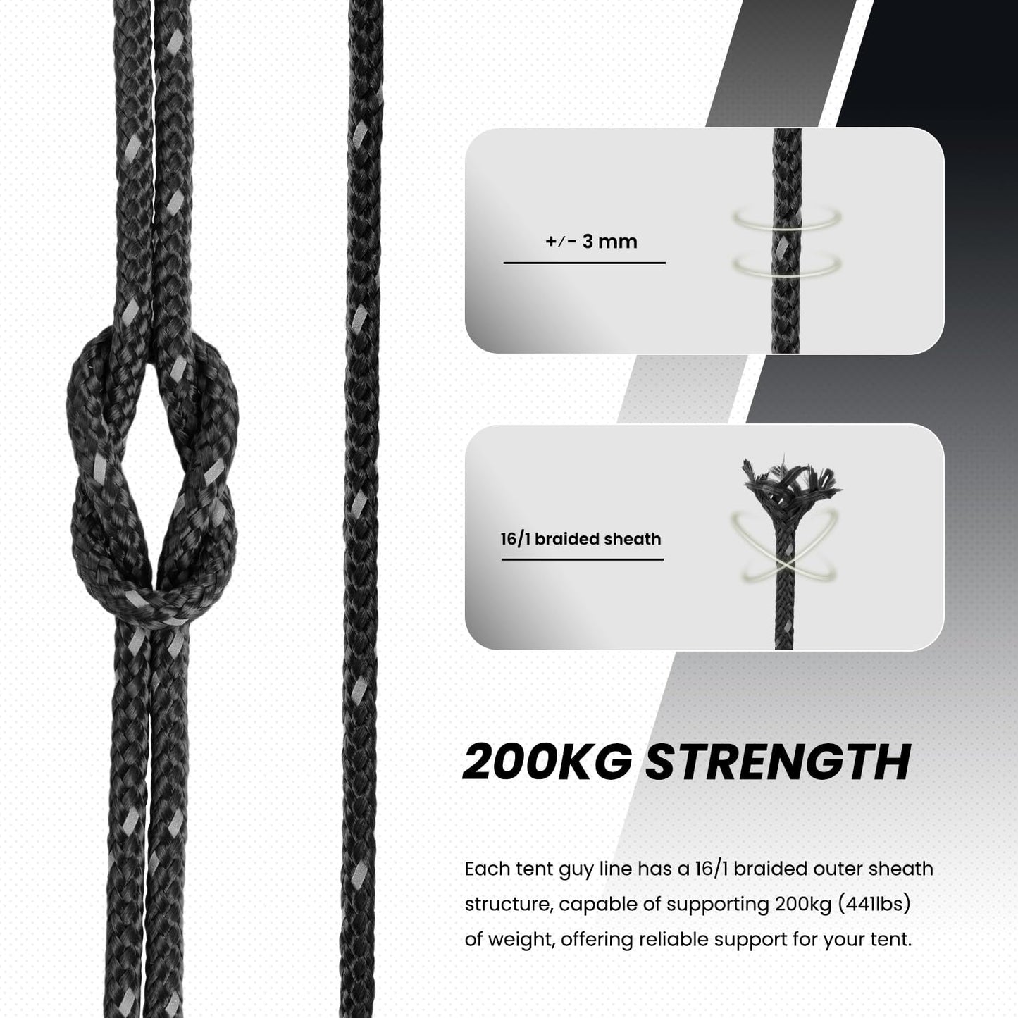 Abma Cord guy lines tent cord with 10 pieces of rope tensioner 3mm 50M tent rope for camping, tents, sun sails, awnings - Reflective Black