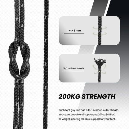 Abma Cord guy lines tent cord with 10 pieces of rope tensioner 3mm 50M tent rope for camping, tents, sun sails, awnings - Reflective Black