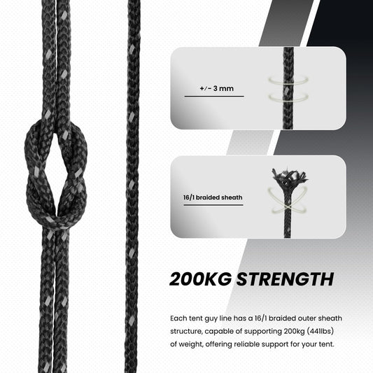 Abma Cord guy lines tent cord with 10 pieces of rope tensioner 3mm 50M tent rope for camping, tents, sun sails, awnings - Reflective Black