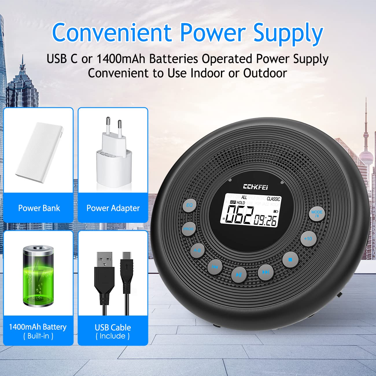 Portable CD Player Bluetooth with speakers, rechargeable 1400mAh portable CD player with shockproof/anti-skip protection, headphones and AUX cable, for car, home & travel.