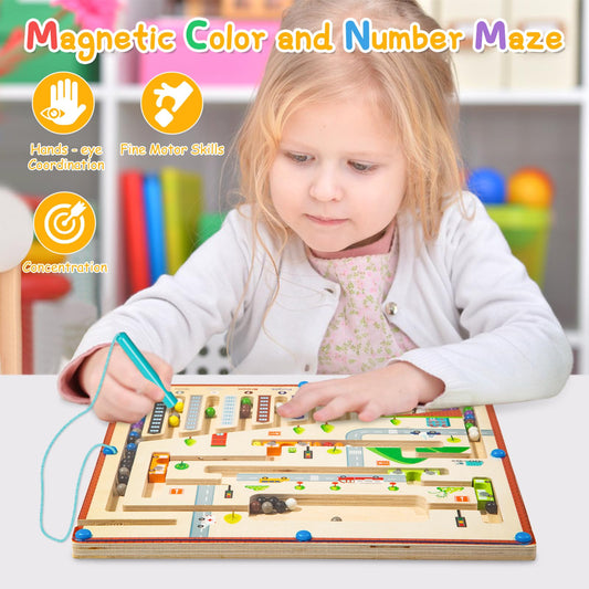 Smartwo Montessori toy for ages 3 4 5 6, magnetic maze game for learning colors & numbers, magnetic city maze wooden toy, children's travel games sorting game, gift for girls boys