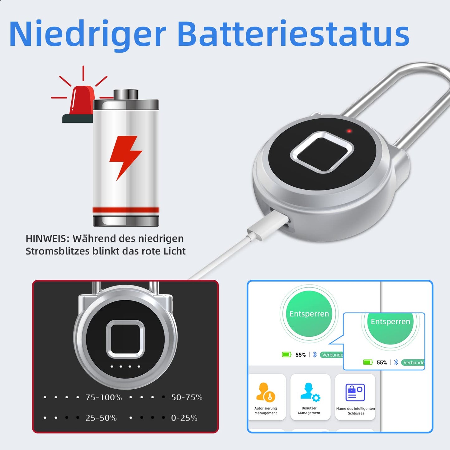 Fingerprint lock, Eseesmart Lock Shackle Long-45mm, Fingerprint & Bluetooth padlock, Waterproof, USB charging for gym, school, employee lockers, luggage