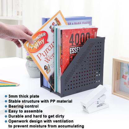 FRETONBA Foldable Standing File Holder, 2 Pieces, for A4, File Magazine Holder with 2 Compartments, Desk Organizer for Office Organization and Storage, School Office Desk Organizer, Dark Grey