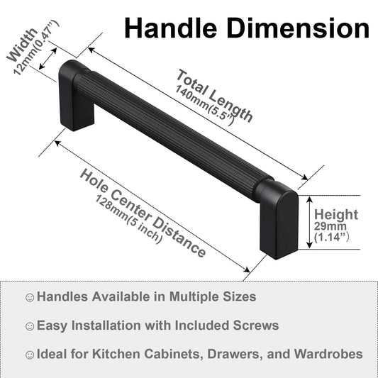 CILEYTION 10 piece handles for kitchen cabinets, 128mm hole spacing in matte black. Kitchen handles in black, furniture handles in black.