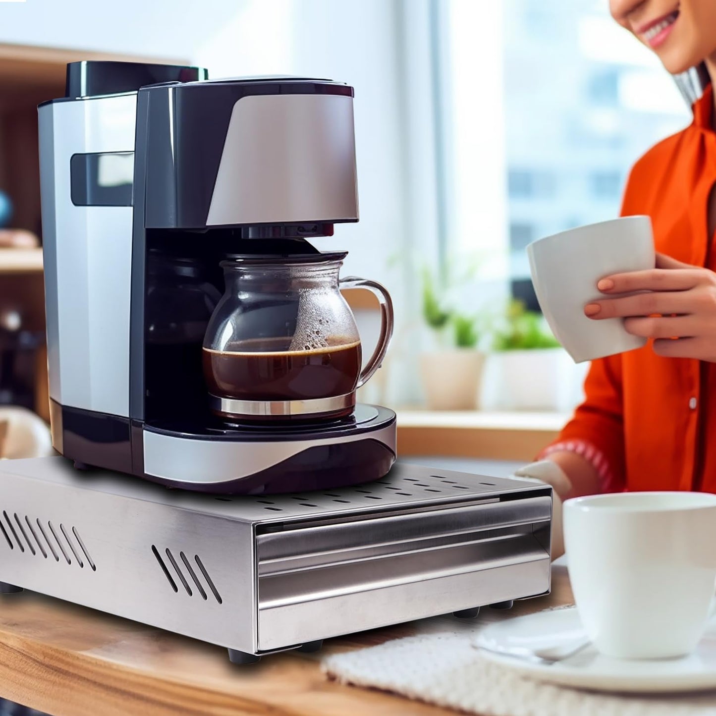 EFUTURETIME knock box for espresso machine coffee, made of stainless steel with removable noise-absorbing rod. Dimensions: 350 x 250 x 100mm, color: silver.
