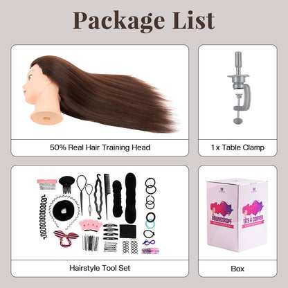 Neverland Practice Head Mannequin Head 22 inches 50% Real Hair Cosmetology Mannequin Head Practice for Hairdressers Cutting & Styling with Clamp + DIY Braid Set