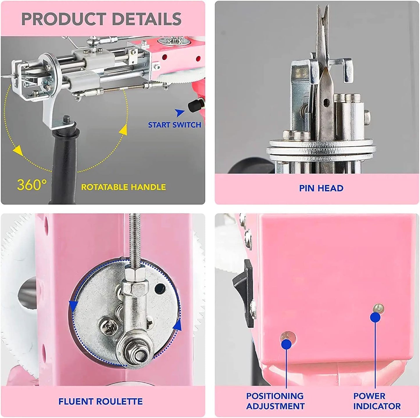 Aomdom Tufting Gun 2 in 1 Electric Tufting Gun with 5-40 steps/s speed and 7-21mm adjustable pile height. Ideal for crafting carpets or clothing in pink color.