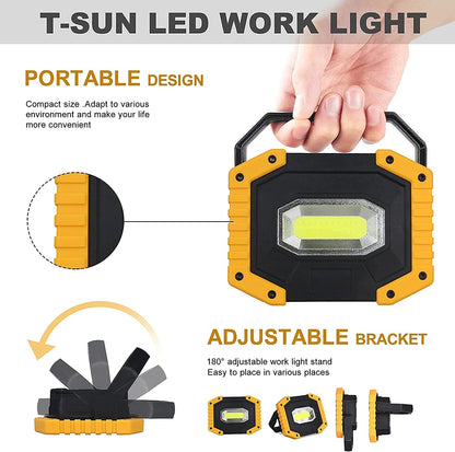 T-SUN LED construction site spotlight battery 2 pack, portable camping lamp, 30W 2000LM super bright rechargeable spotlight, LED work light USB for garage outdoor camping fishing emergency construction sites, 3 light modes