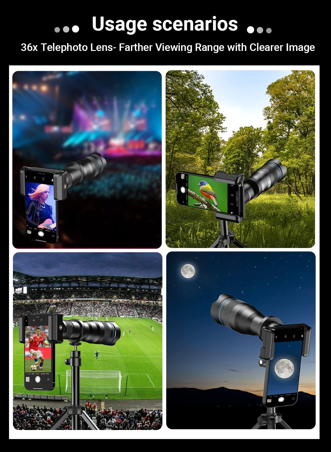 Apexel HD 36X telephoto lens mobile telephoto lens with tripod for iPhone 12/11 Pro, Samsung, Huawei, and most smartphones.