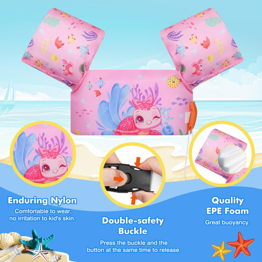 MoKo Kids Swim Arm Bands, Cartoon Floating Swim Training Jacket with Buckle for Boys Girls, 20 to 50 lb, Pink Turtle