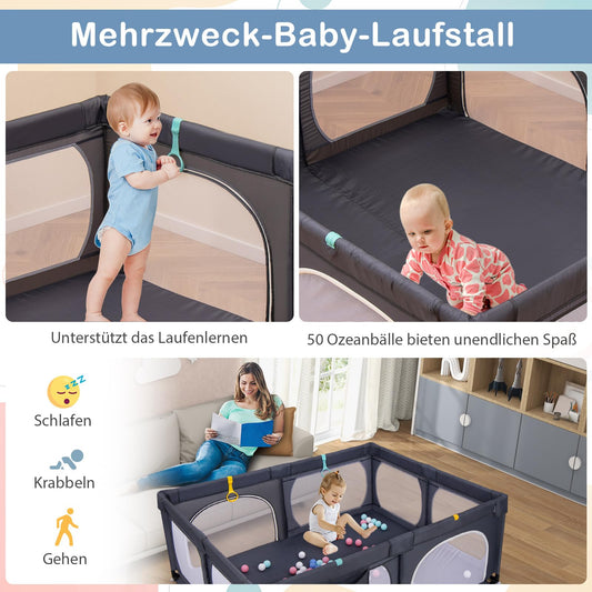 DREAMADE Playpen for Baby, 189 x 158 cm Play Yard with 4 Pull Rings & 50 Ocean Balls & Carrying Bag, Large Safety Fence for Babies & Toddlers 0-3 Years (without Mattress, Dark Gray)