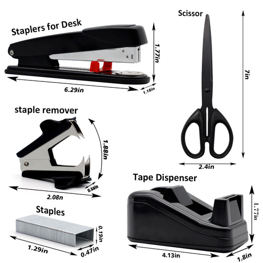 Black office supplies, black desk accessories, stapler and tape dispenser set with large stapler, tape dispenser, staple remover, staples, clips, scissors, and tabs.