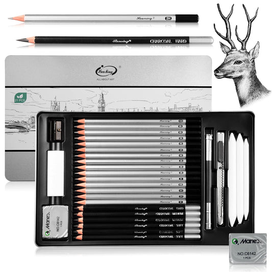 Surcotto Pencil Set, 21 pencils with 1 sharpener, 2 erasers, 1 extender, 3 paper stumps. Professional drawing set for beginners, metal case, range from 10B to 4H, total of 30 pieces.