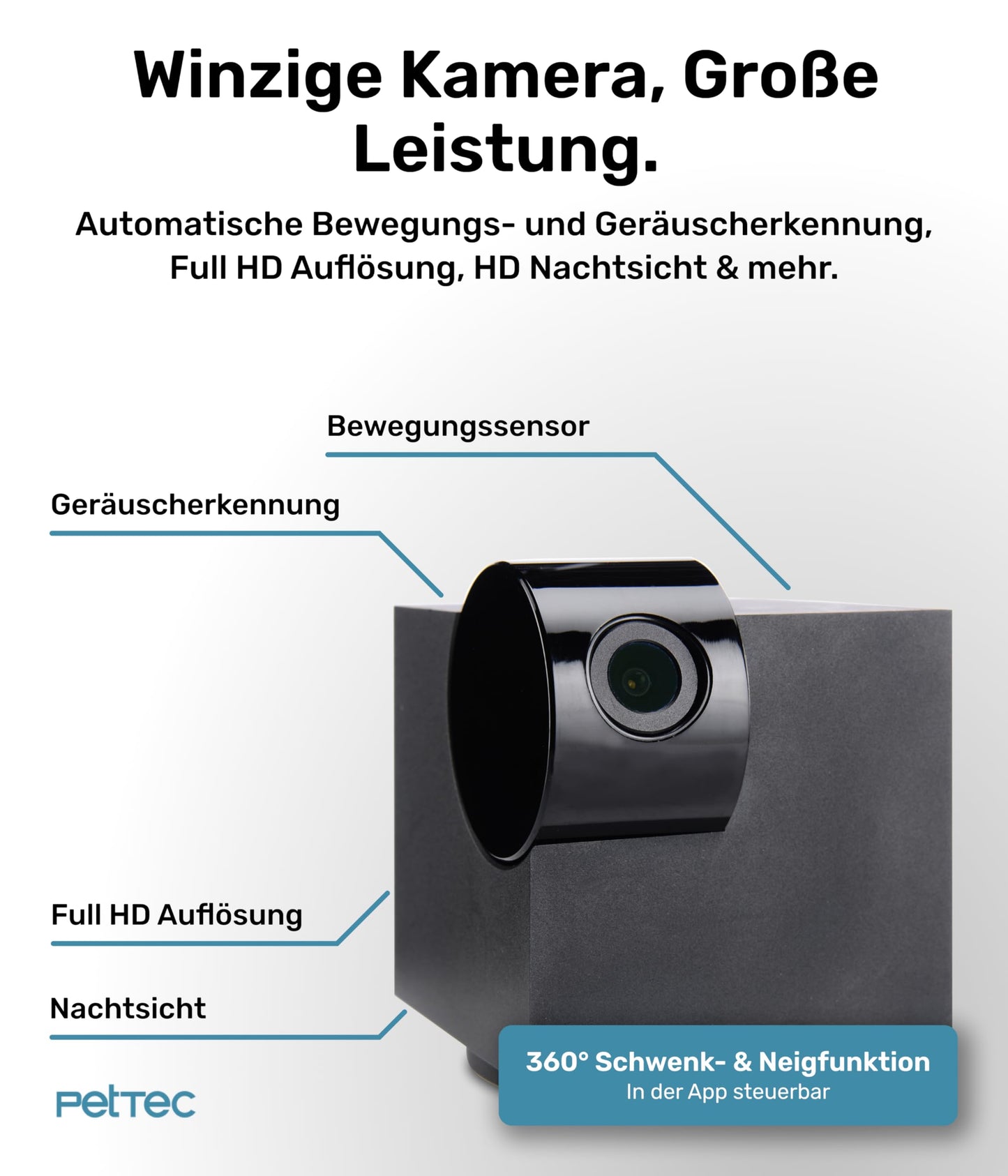 PetTec® Cam 360° pet camera dog camera with App [NO SUBSCRIPTION TRAP] - Cats & Dogs Camera at Home with motion detection & night vision function - Full HD 360° panoramic view swivel & tilt - Pet Cam