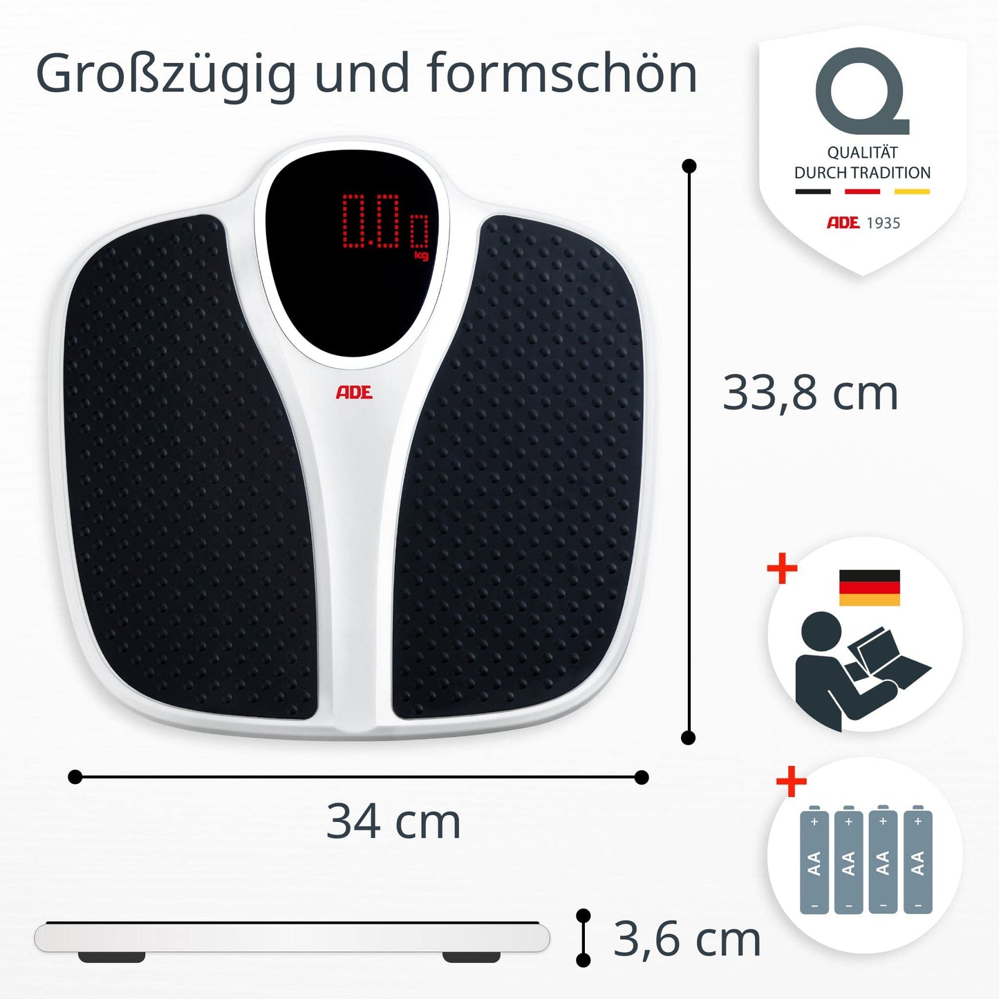 ADE digital personal scale up to 200 kg | extra wide weighing surface with non-slip rubber mat | bathroom body scale with large display | professional scale with high weight capacity