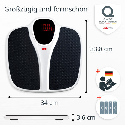 ADE digital personal scale up to 200 kg | extra wide weighing surface with non-slip rubber mat | bathroom body scale with large display | professional scale with high weight capacity