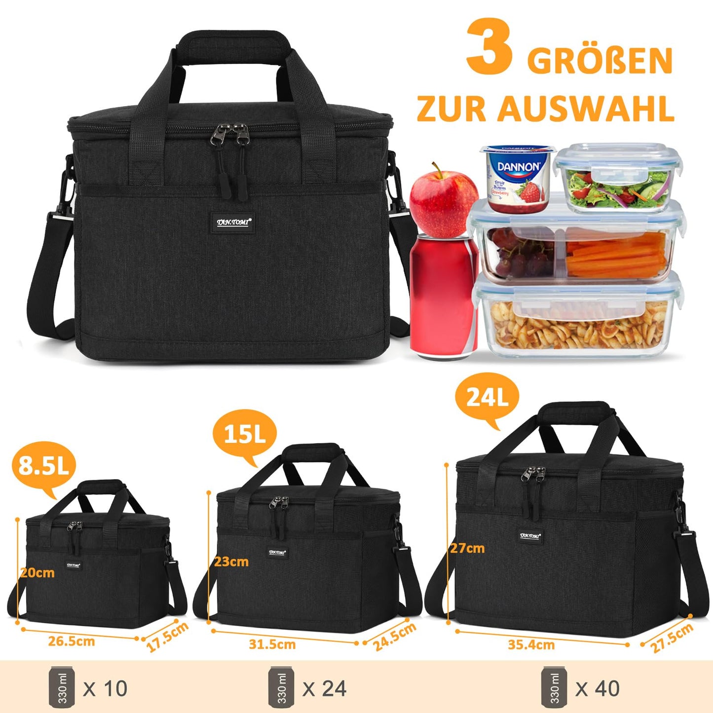CALIYO Cooler Bag 15L Foldable & Portable with Zipper - Lunch Bag for Men and Women, Insulated Lunch Tote for Work, School, Picnic, Travel (Black)