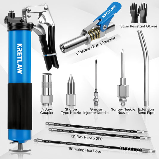 KRETLAW Grease Gun Set 10 Piece, Heavy Duty Grease Gun 7000 PSI with Pistol Grip, Quick Release Coupler and Flexible Hose for 400g Cartridges