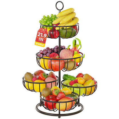 PouHenier.jh 5 floors Black Fruit Basket, Large Multi-layer Kitchen Vegetable Basket, High Metal Fruit Vegetable Stand Storage Fruit Rack, Modern Sturdy Square Fruit Container, Easy Setup