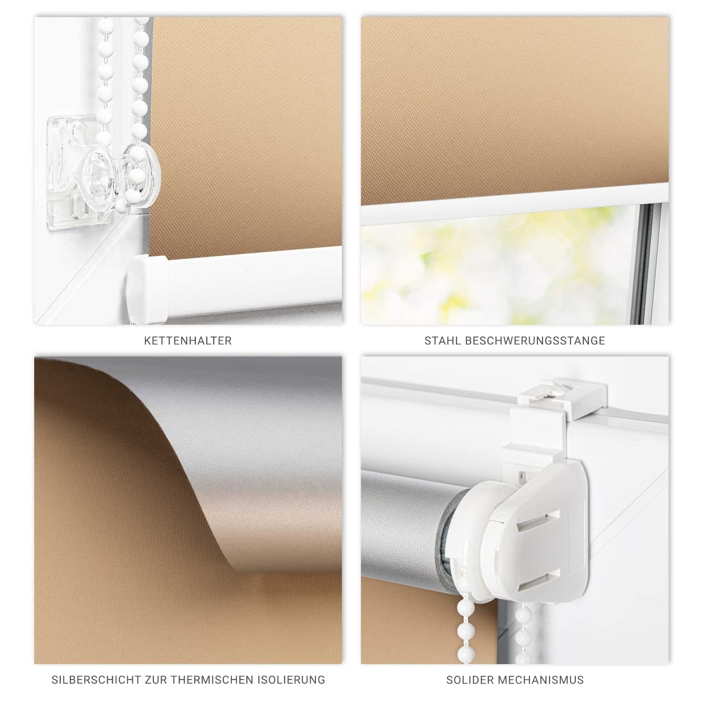 Estika blackout roller blind thermal roller blind without drilling - 145 cm x 120 cm - Beige - 13 fabric colors, roller blinds for windows without drilling, clamp fix roller blinds for windows inside (145 cm fabric width)