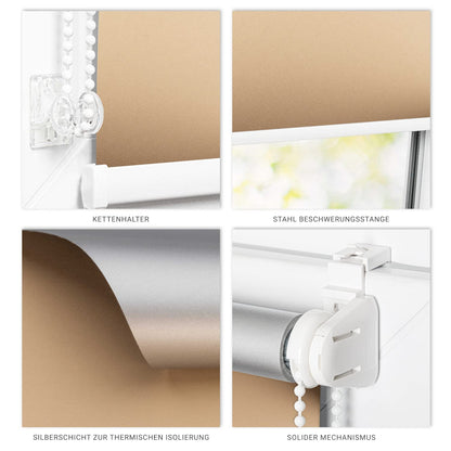 Estika blackout roller blind thermal roller blind without drilling - 145 cm x 120 cm - Beige - 13 fabric colors, roller blinds for windows without drilling, clamp fix roller blinds for windows inside (145 cm fabric width)