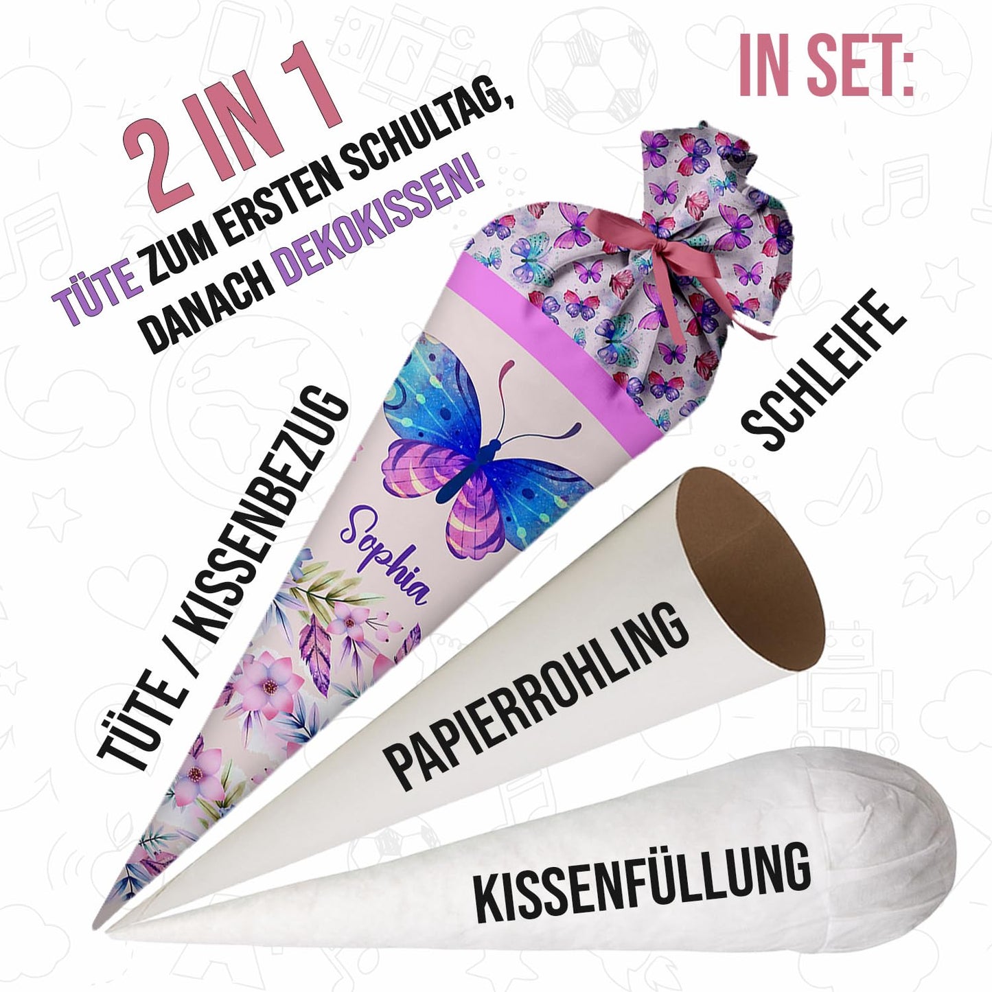 Fierce school cone butterfly for girls, personalized bag made of fabric, 70 cm cone with name, round cardboard core and filling of silicone beads, large bag as a pillow.