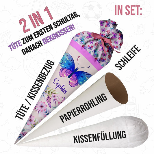 Fierce school cone butterfly for girls, personalized bag made of fabric, 70 cm cone with name, round cardboard core and filling of silicone beads, large bag as a pillow.