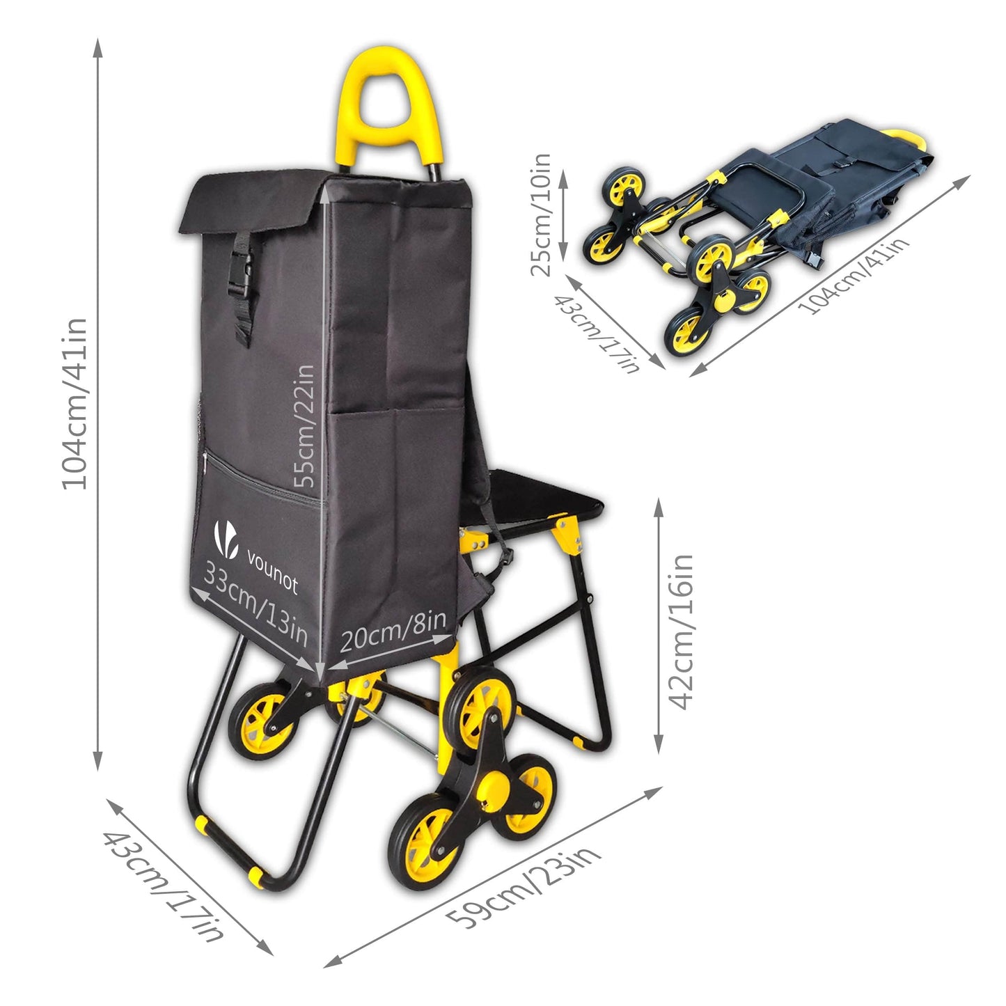 VOUNOT Shopping cart stair climber with cooler compartment and folding seat, foldable shopping trolley with 3 wheels, 40 L.
