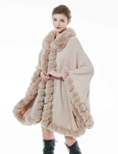 BEAUTELICATE Faux Fur Poncho Cape Knit Women's Winter Faux Fur Shawl Scarf Stole Cape Cardigan Warm with Collar for Wedding Ceremony Festive (Nude Pink, One Size)