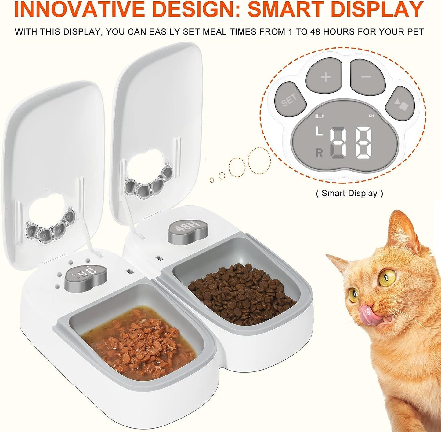 Automatic pet feeder for cats and dogs, 2 in 1 Upgraded Chip Timed Dry Pet Food Feeder with display, 48 hours freshness for semi-moist food, healthier meal for all pets.