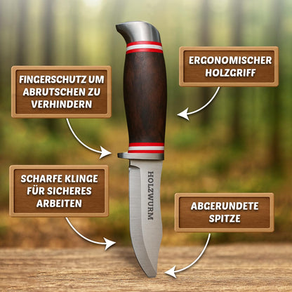 WOODWORM Children's Carving Knife in Leather Pouch, ideal pocket knife and outdoor knife for kids for carving (dark)