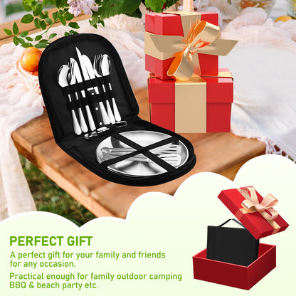 Camping tableware set for 2 people, 14 pieces, picnic set, stainless steel outdoor tableware for camping, picnicking, grilling, and hiking.