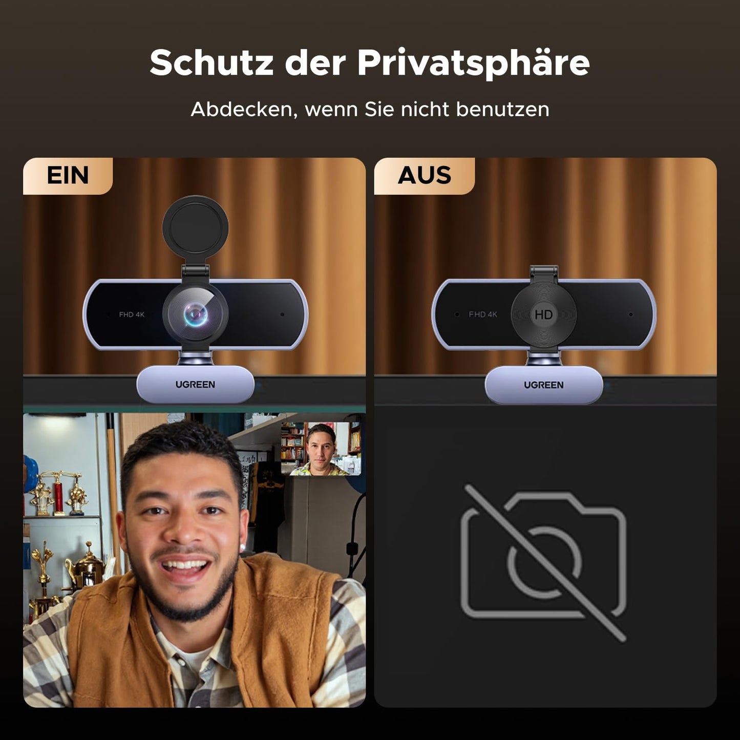 UGREEN UHD Webcam 4K, webcam with microphone and lens cover, PC camera with autofocus, automatic light correction, 70° FOV, USB-A/C connection, for PC/Laptop/Windows/Mac/Linux/Skype/FaceTime.