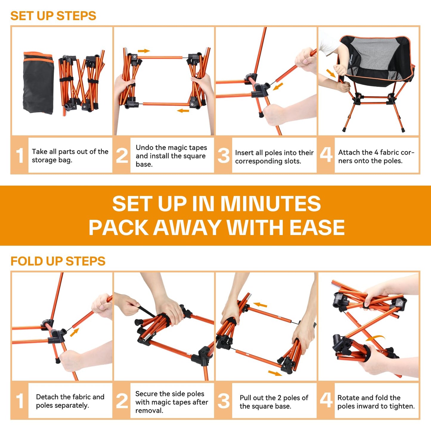 Sportneer folding camping chair is lightweight and portable, supporting up to 150kg. Compact and easy to carry with a carrying bag, perfect for picnics, outdoor activities, and hiking. Available in orange.