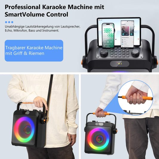 JYX Karaoke with 2 microphones, Bluetooth karaoke speaker, and DJ lights for adults and kids. PA system with microphone, karaoke, portable, for home and outdoor parties.