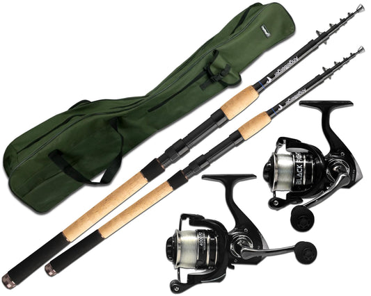Angel Berger fishing set complete set with 2 telescopic rods, reels, rod bag, fishing rods, reels with fishing line, and rod bag.